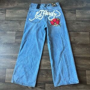 Ed Hardy Heart Dagger Loose Fit Wide Leg Jeans Blue Wash Size 30x32 NEW